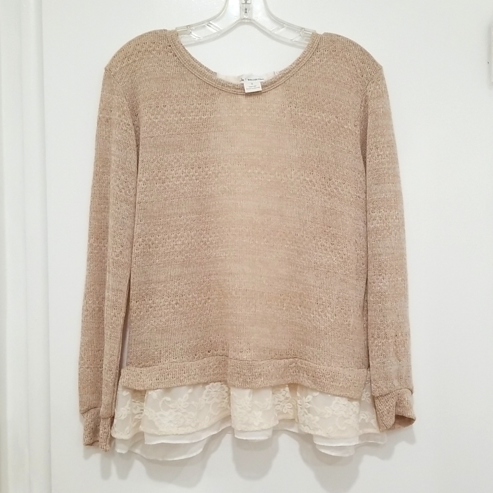 Clu + Willoughby Oatmeal Lace Layered Boho Cottagecore Blouse Size S - Picture 2 of 9